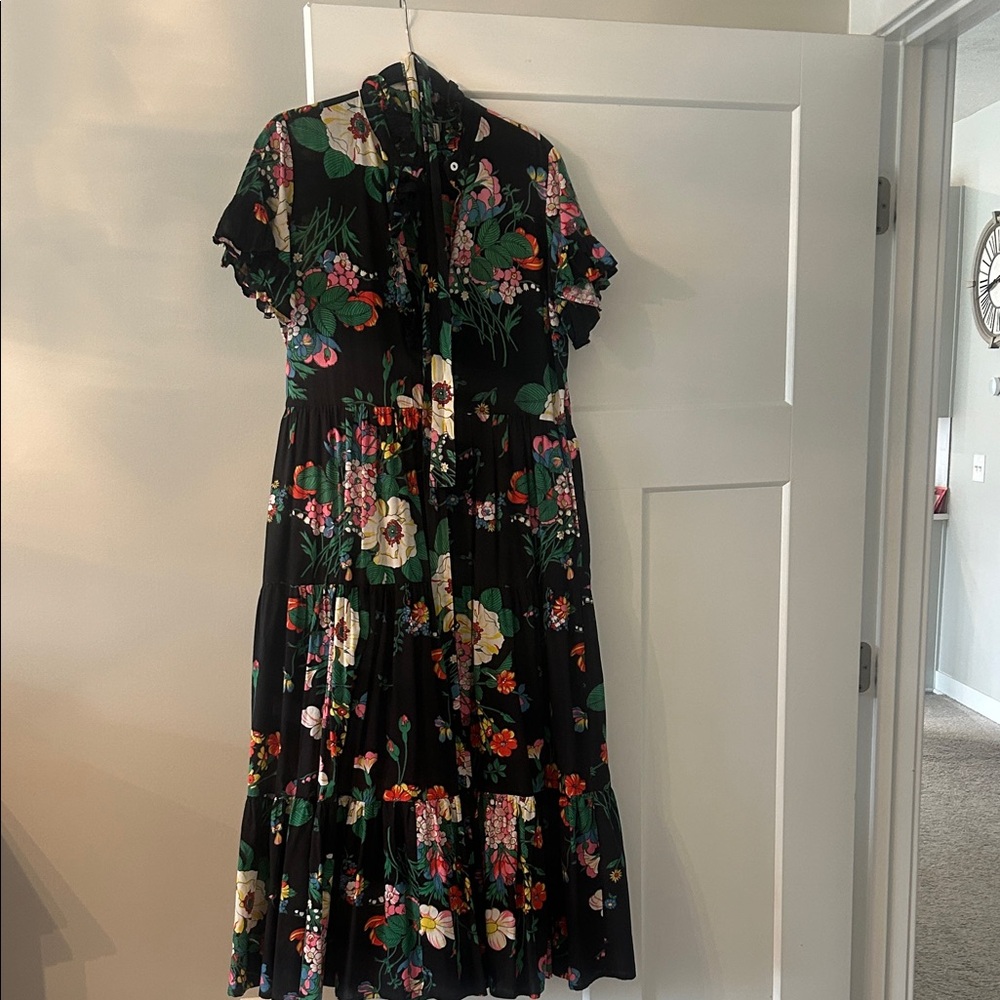 Black Floral Midi Dress with Tie Neck and Short Ruffle Sleeves